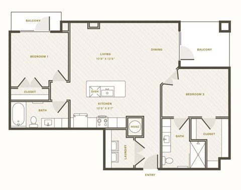 Floor plan for 2 beds, 2 baths, 1129 sqft
